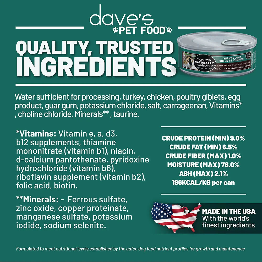 Dave's Naturally Healthy Grain Free Turkey & Giblets Dinner Wet Cat Food (5.5oz)