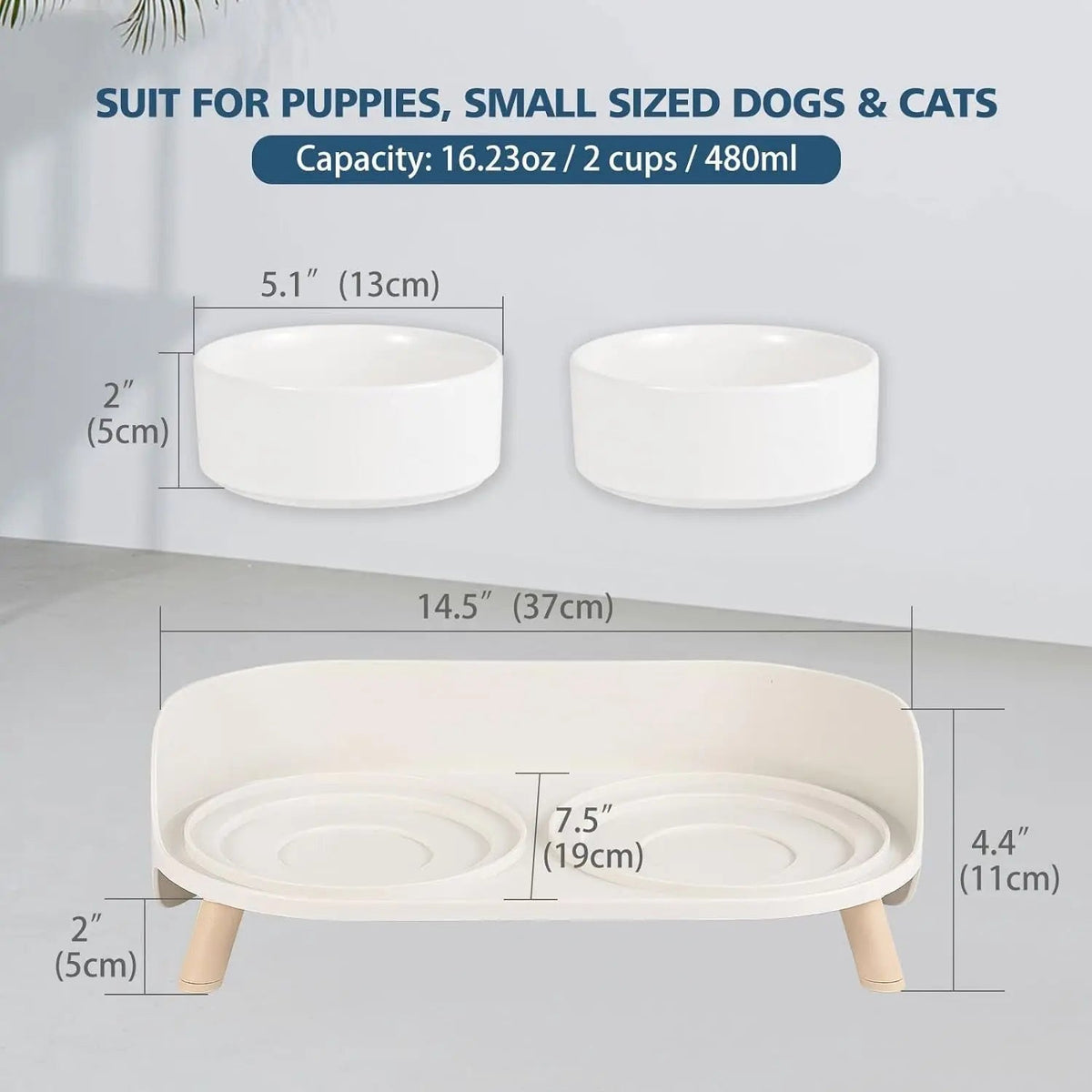 Elevated Ceramic Cat & Dog Bowl Set with Splash Guard, Non-Slip Stand (2x480ml)