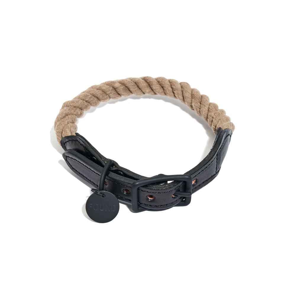 Found My Animal Matte Black/Natural Rope & Leather Collar Large