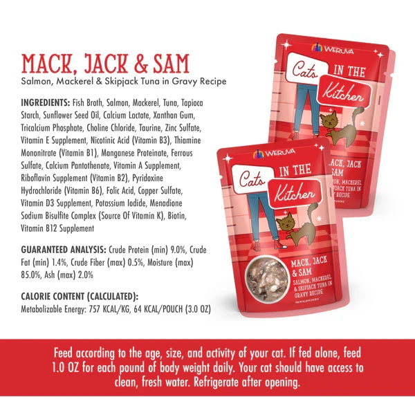 Cats in the Kitchen Mack, Jack and Sam Salmon, Mackerel & Skipjack Tuna in Gravy (3oz)