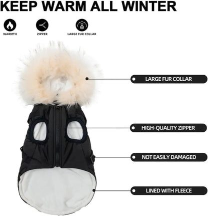 Waterproof Dog Coat Jacket with Faux Fur Hood & Reflective Strap