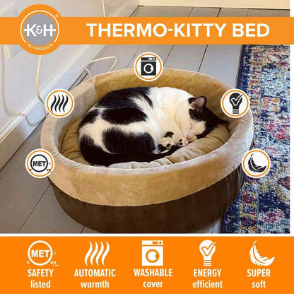 K&H Pet Products Thermo-Kitty Bed Indoor Heated Cat Bed – Safe, Energy Efficient & Washable